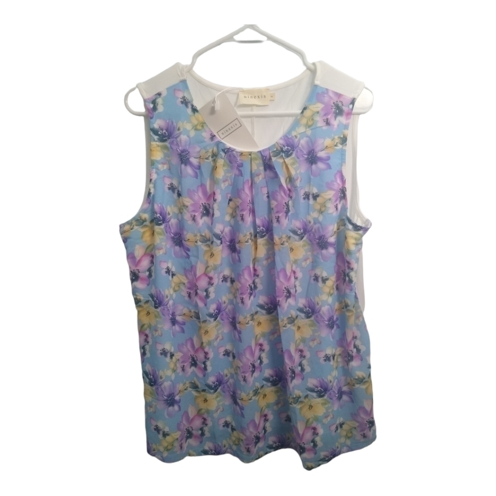 𝅺NINEXIS Light Blue Floral Sleeveless‎ Blouse Size 1X